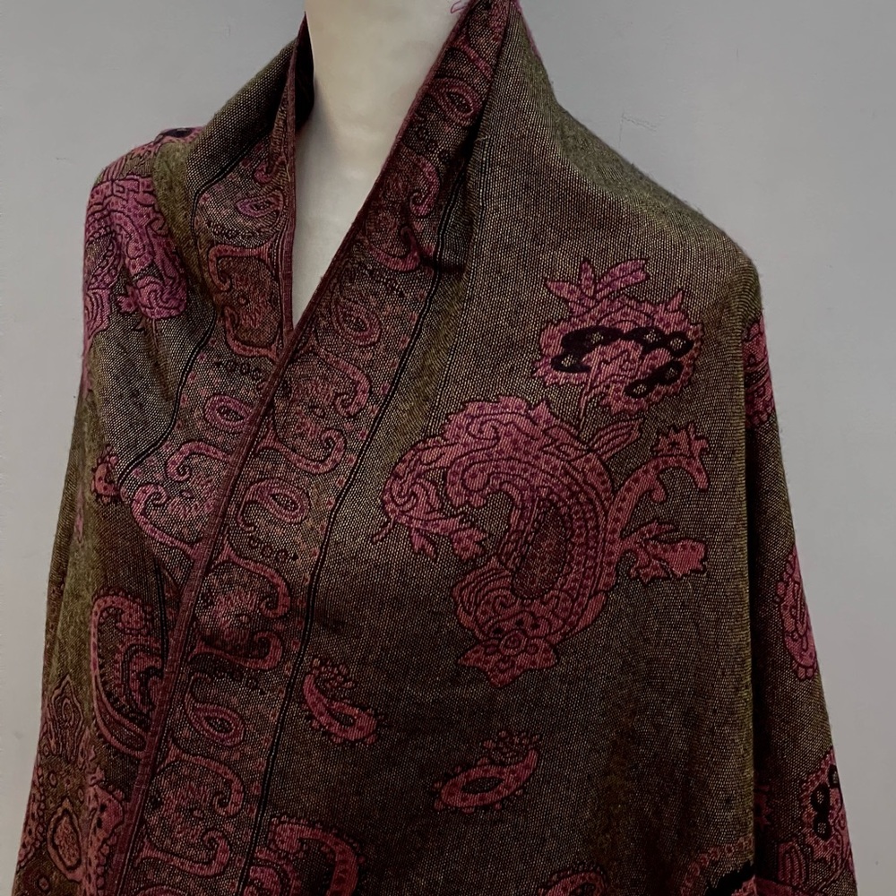 Purple and Green Reversible Paisley Wool Blend Shawl from India